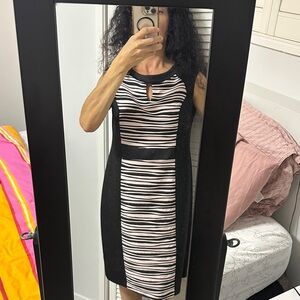 Connected Apparel Black and White Striped Midi Dress